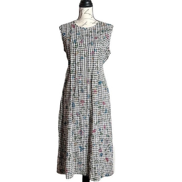 Vintage 80s Black White Check Floral Print Sleeveless Dress - Picture 1 of 6